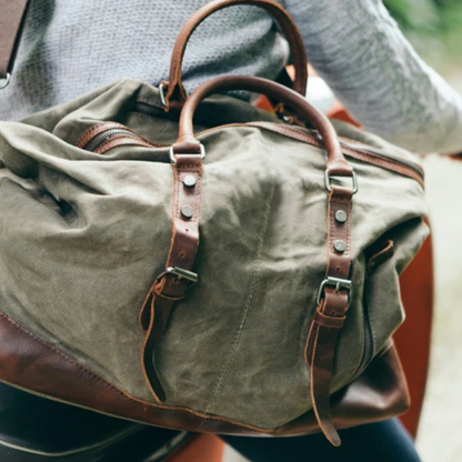 Sac de voyage - à main et bandoulière en toile et cuir - Sac weekend vintage - Brax